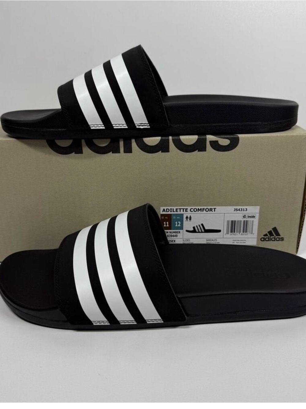 adidas Adilette Comfort Black with White Stripes Slide Sandals
